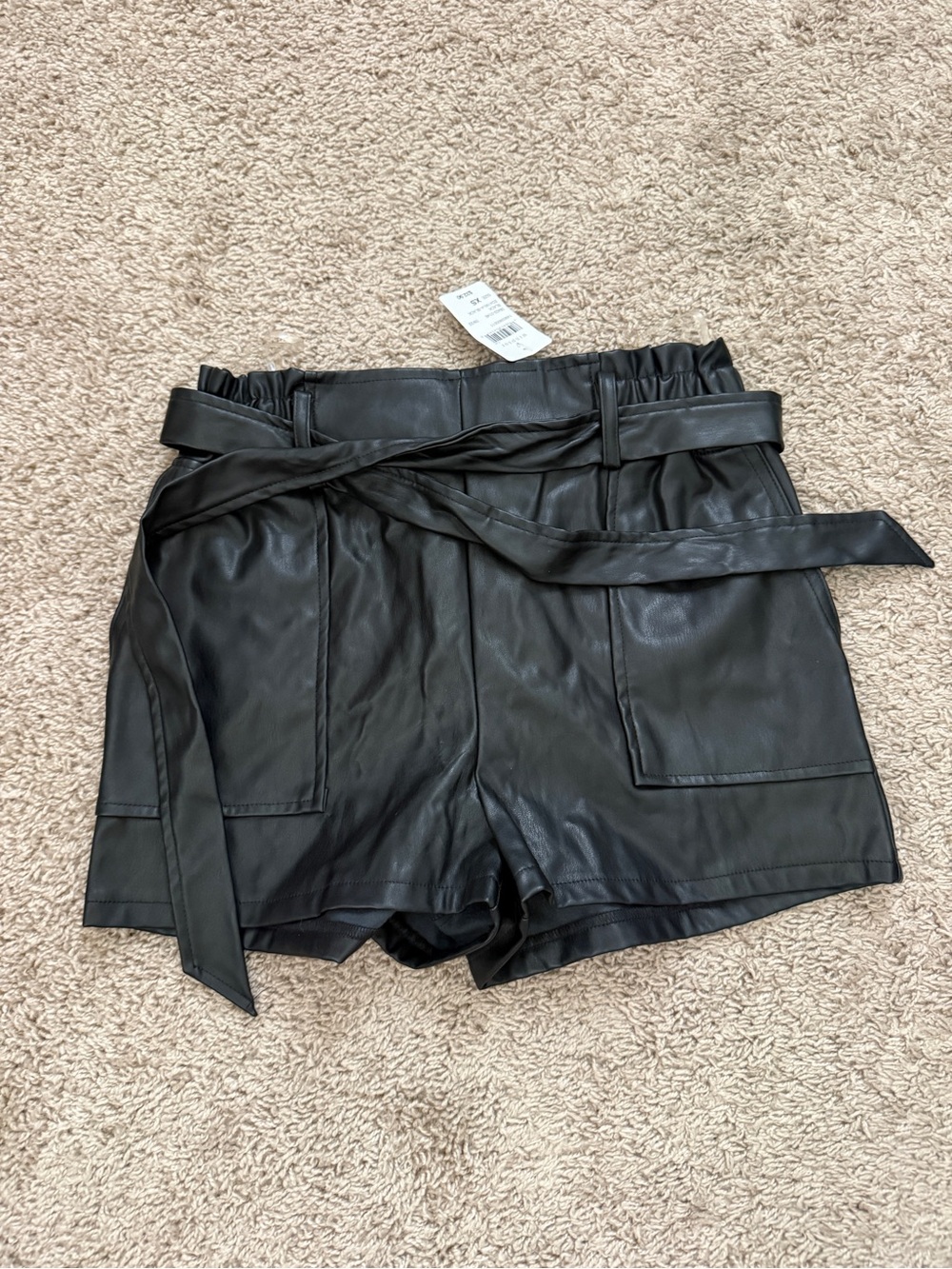 Windsor Black High-Waist Faux Leather Paperbag Shorts with Tie Belt